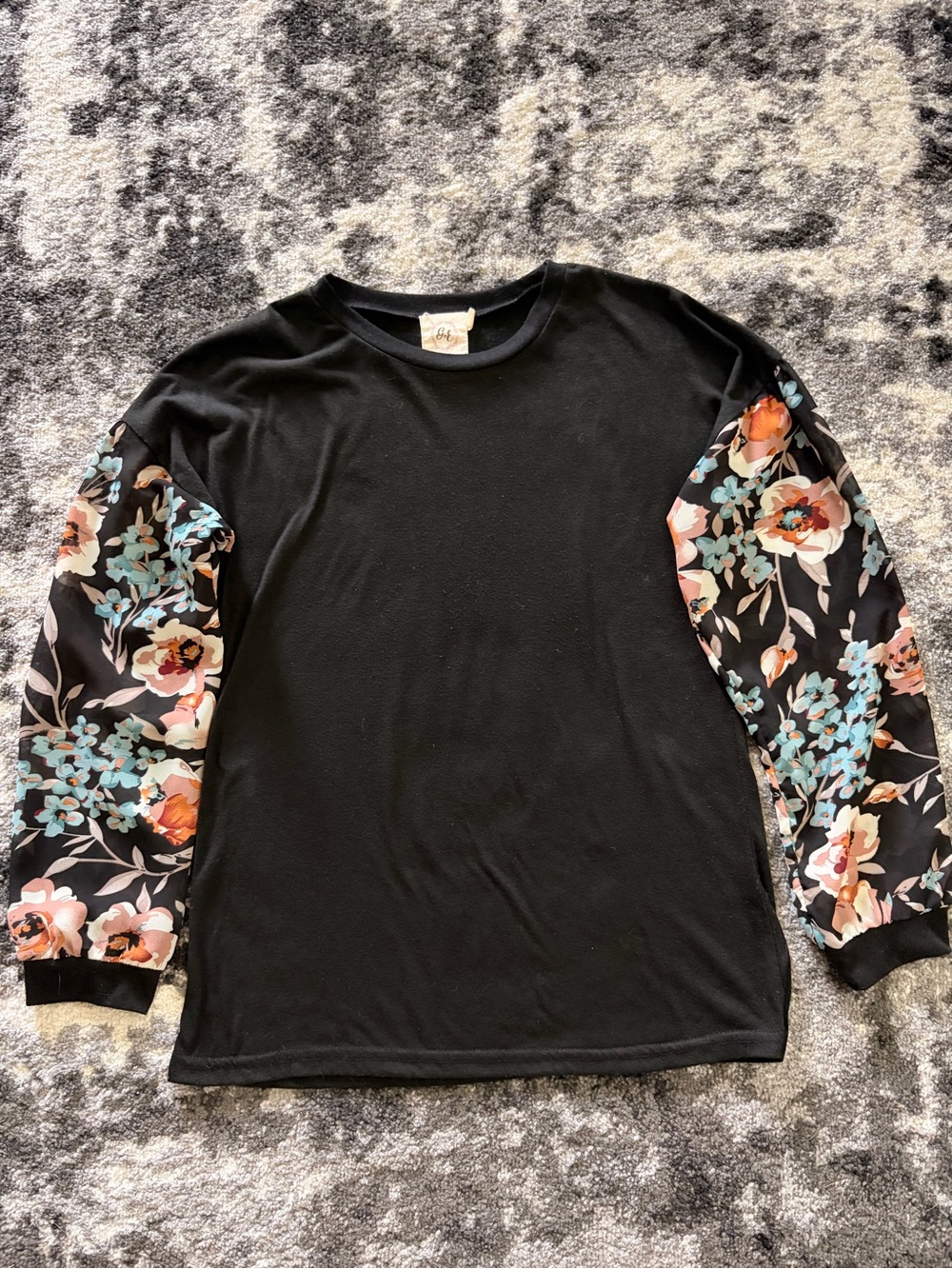 Girls' Black Long Sleeve Top with Floral Sleeves